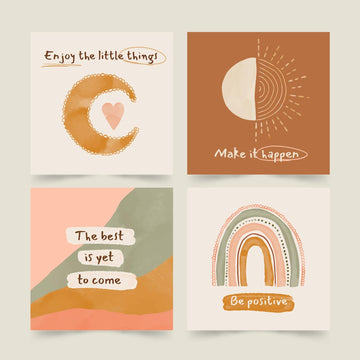 Set of inspirational positive affirmation cards laid out on a table, promoting self-love, motivation, and daily encouragement.