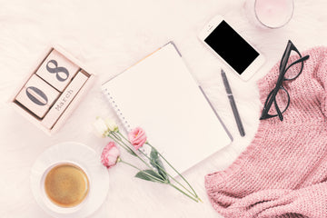 Morning self-care flat lay with journal and coffee mug for 30-day habit challenge, personal growth, and daily mindfulness routine.