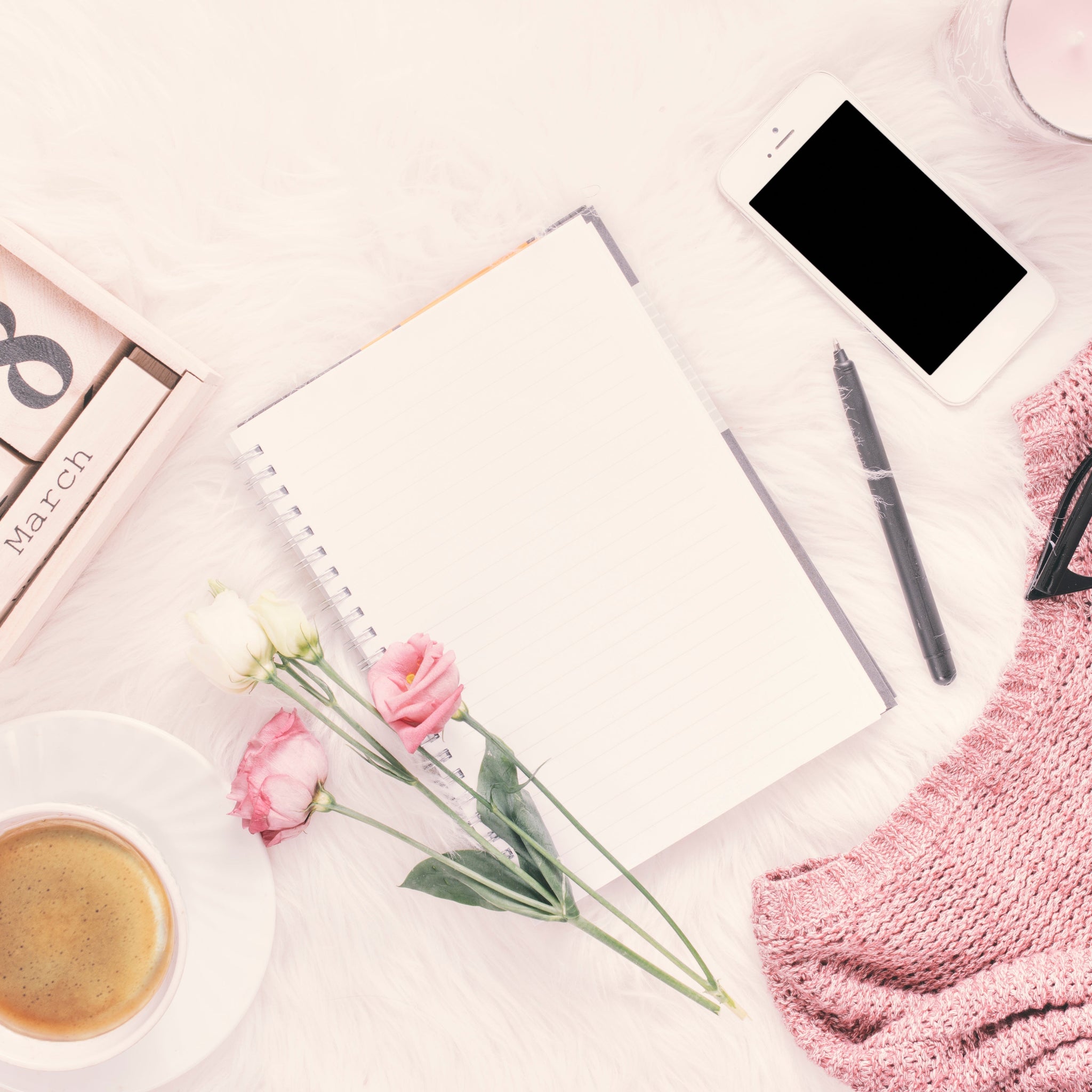 Morning self-care flat lay with journal and coffee mug for 30-day habit challenge, personal growth, and daily mindfulness routine.
